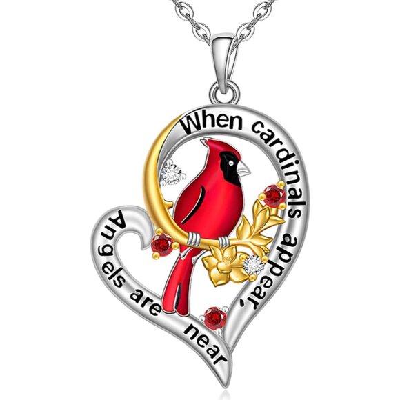 Cardinal Necklace Sterling Silver Heart Red Cardinal Gifts for Women Pendant Mem